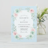 Himmelblaue Florale Pinselstrich-Hochzeit Einladung (Stehend Vorderseite)