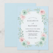 Himmelblaue Florale Pinselstrich-Hochzeit Einladung (Vorne/Hinten)