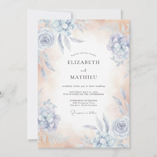 Himmelblaue flüsternde Blumenhochzeit Einladung (Vorderseite)