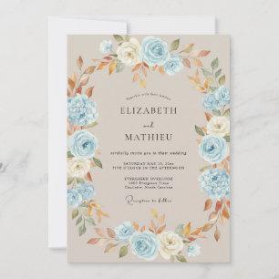 Himmelblaue Herbstblüten-Hochzeit Einladung