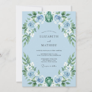 Himmelblaue Hochzeit mit weißem Kranz Einladung