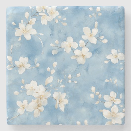 Himmelblaue hübsche weiße Blumen Steinuntersetzer (Vorderseite)