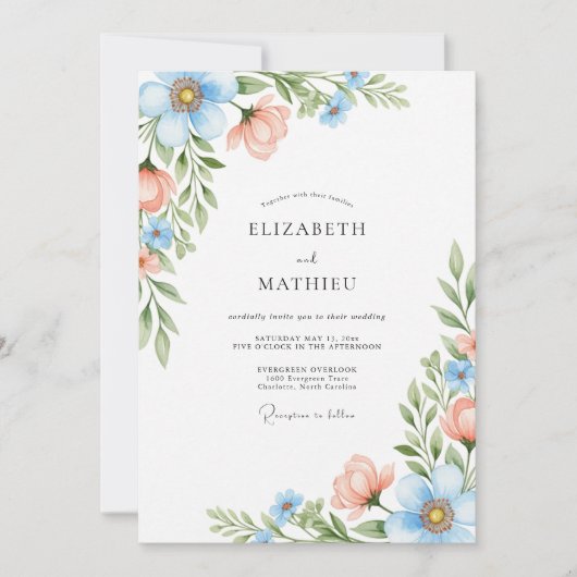 Himmelblaue Korallenblüten-Hochzeit Einladung (Vorderseite)