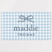 Himmelblauer Gingham-Bogen-Monogramm Etiketten (Design 2)
