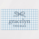 Himmelblauer Gingham-Bogen-Monogramm Etiketten (Design 1)