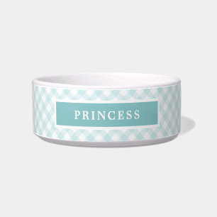 Himmelblauer Gingham-Karo personalisierter Hund Napf