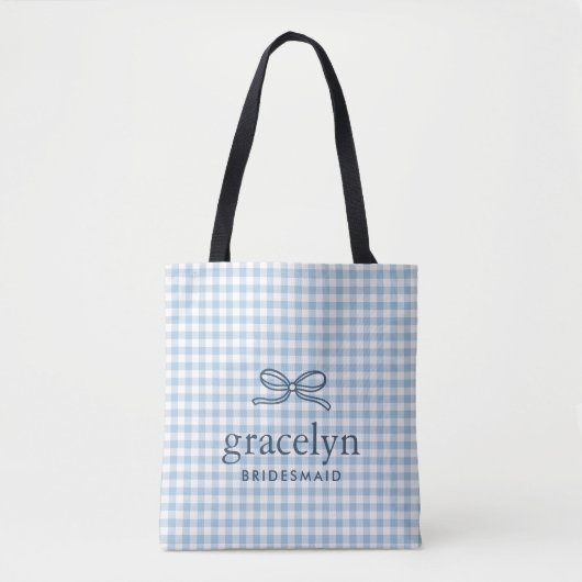 Himmelblauer Gingham-Schleifen-Monogramm Tasche (Vorderseite)