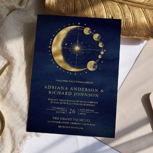 Himmelblauer Goldener Halbmond Phasen Hochzeit Einladung