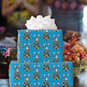 Himmelblauer süßer Wasserfarben-Hasen-Blumen-Oster Geschenkpapier