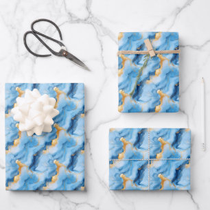 Himmelblauer und goldener Marmor Geschenkpapier Set