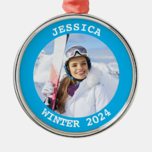 Himmelblaues personalisiertes rundes Familienfoto Ornament Aus Metall