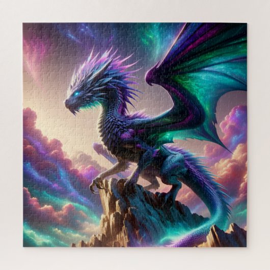 Himmels-Aurora-Drache auf Berg Fantasy-Kunst Puzzle (Vertikal)