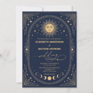 Himmels-Hochzeitseinladung Sonne Mond Gold Navy Einladung