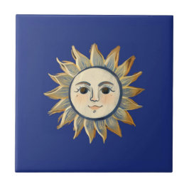 Himmels-Sonne mit Gesicht Gold und Dunkelblau Fliese