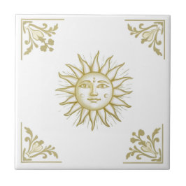 Himmels-Sonne mit Gesicht Gold und Weiß im Delft-S Fliese