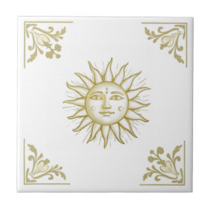 Himmels-Sonne mit Gesicht Gold und Weiß im Delft-S Fliese