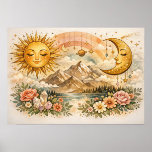 Himmels-Sonne-und-Mond-Boho-Floral-Plakat Poster