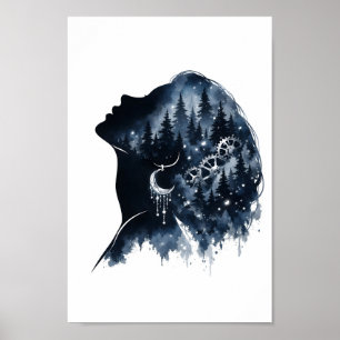 Himmels-Wald-Frau-Silhouette-Aquarell-Kunst Poster