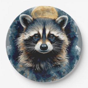 Himmels-Waschbär-Wasserfarben-Mond-Wald-Kunst Pappteller