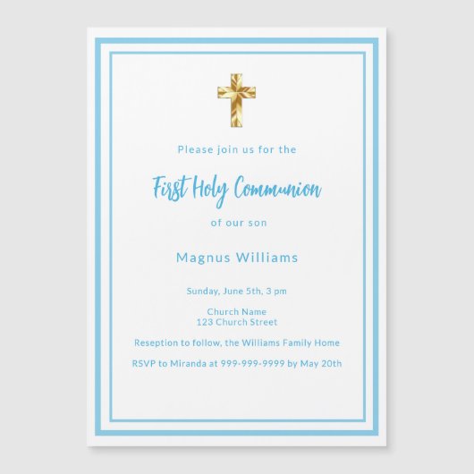 Himmelsblauer Weißer Junge Erste Heilige Kommune Magneteinladung (Vorderseite)