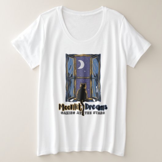 Himmelsblick: Schwarze Katze und Halbmond Große Größe T-Shirt (Design vorne)