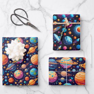 Himmelsflugzeuge und Sterne Geschenkpapier Set