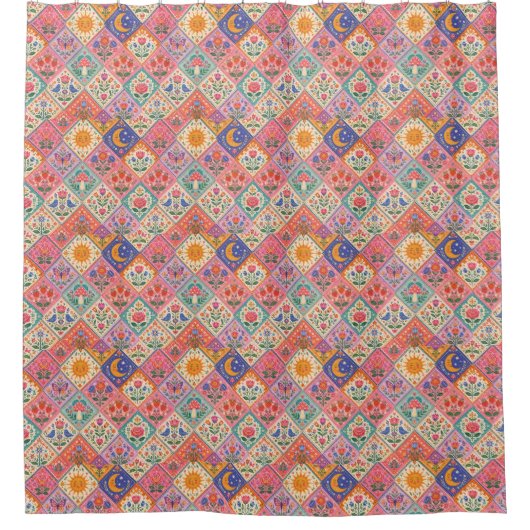 Himmelsfolklore-Patchwork-Duschvorhang – Laune Duschvorhang (Vorderseite)