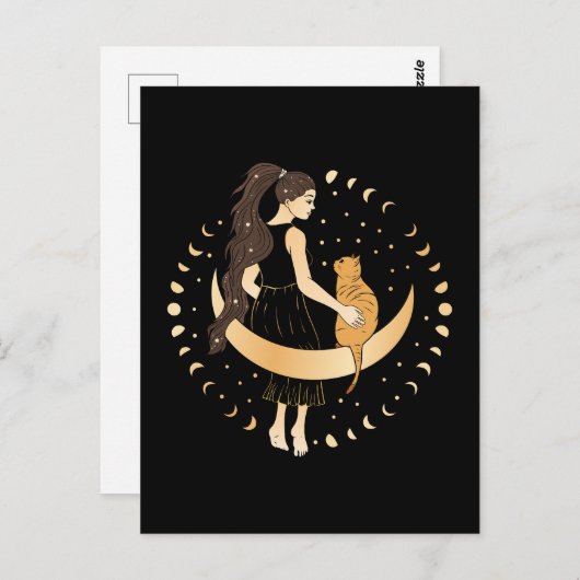 Himmelsfrau mit Katze auf dem Mond Postkarte (Vorne/Hinten)