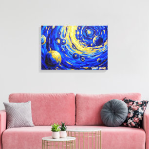 Himmelsgalaxie Wirbel Malerei Blau Gold Kosmisch Leinwanddruck