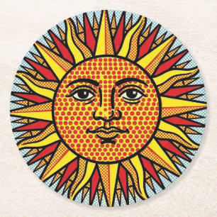 Himmelsgesicht im Pop-Art-Comic-Stil Sonnenstrahle Runder Pappuntersetzer