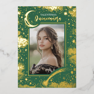 Himmelsgold Sterne Mond Nacht Quinceanera Foto Folieneinladung