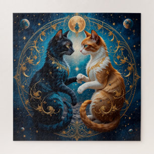 Himmelskatzen in kosmischer Kunst mit Gold und Bla Puzzle
