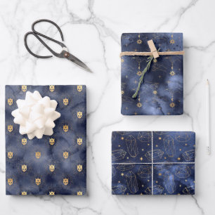 Himmelskies Dark Navy und Gold Wrapping Paper Geschenkpapier Set