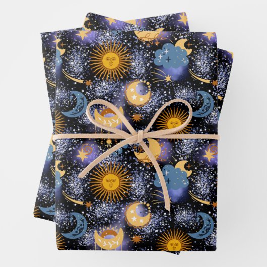 Himmelsmagisches Muster Moon Stars Sun Black Sky Geschenkpapier Set (Beispiel)