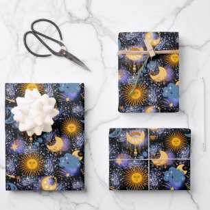 Himmelsmagisches Muster Moon Stars Sun Black Sky Geschenkpapier Set