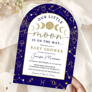 Himmelsmond-Baby-Party-Junge-Navyblau-Gold-Bogen Einladung