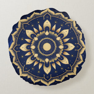 Himmelsmond-Mandala-Design Navyblau & Gold S Rundes Kissen