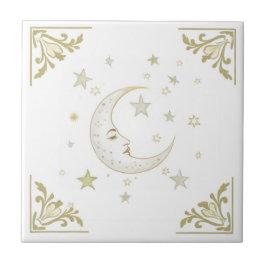 Himmelsmond mit Gesicht & Sterne Gold Weiß Delft Fliese