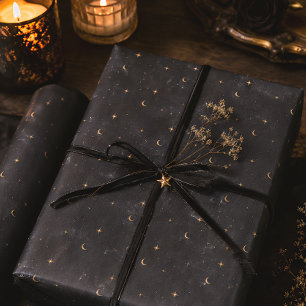 Himmelsmond Sterne Schwarz Gold Wintersonnenwende Geschenkpapier