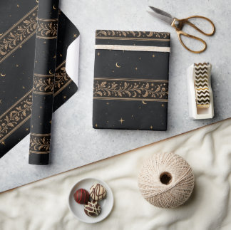 Himmelsmond Sterne Schwarz Gold Wintersonnenwende Geschenkpapier