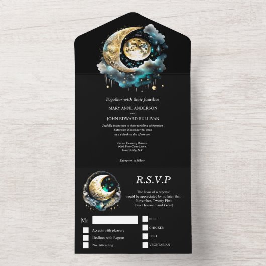 Himmelsmond Sternenhimmel dunkelblau grün All In One Einladung (Innen Boden)