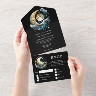 Himmelsmond Sternenhimmel dunkelblau grün All In One Einladung