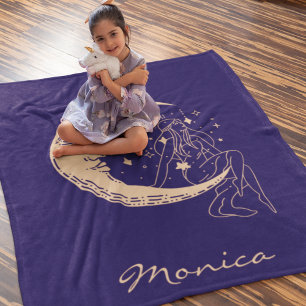 Himmelsmond und Stars, boho, elegantes Gold Fleecedecke