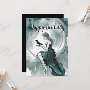 Himmelsmond und Sterne, Mädchen & Krähe Geburtstag Einladung