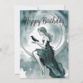 Himmelsmond und Sterne, Mädchen & Krow Geburtstag Einladung (Vorderseite)