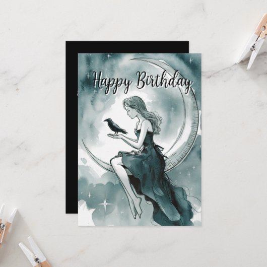 Himmelsmond und Sterne, Mädchen & Krow Geburtstag Einladung (Vorderseite/Rückseite Beispiel)