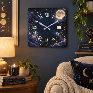 Himmelsmond und Sterne Römische Ziffern Quadratische Wanduhr