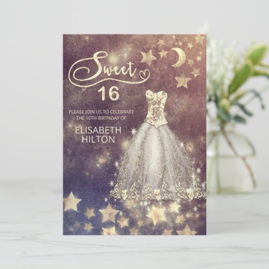 Himmelsmond und Sternenkalligraphie 16 . Geburtsta Einladung (Stehend Vorderseite)