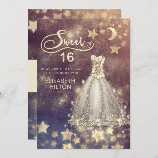 Himmelsmond und Sternenkalligraphie 16 . Geburtsta Einladung (Vorne/Hinten)