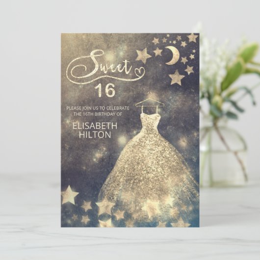 Himmelsmond und Sternenkalligraphie 16 . Geburtsta Einladung (Stehend Vorderseite)